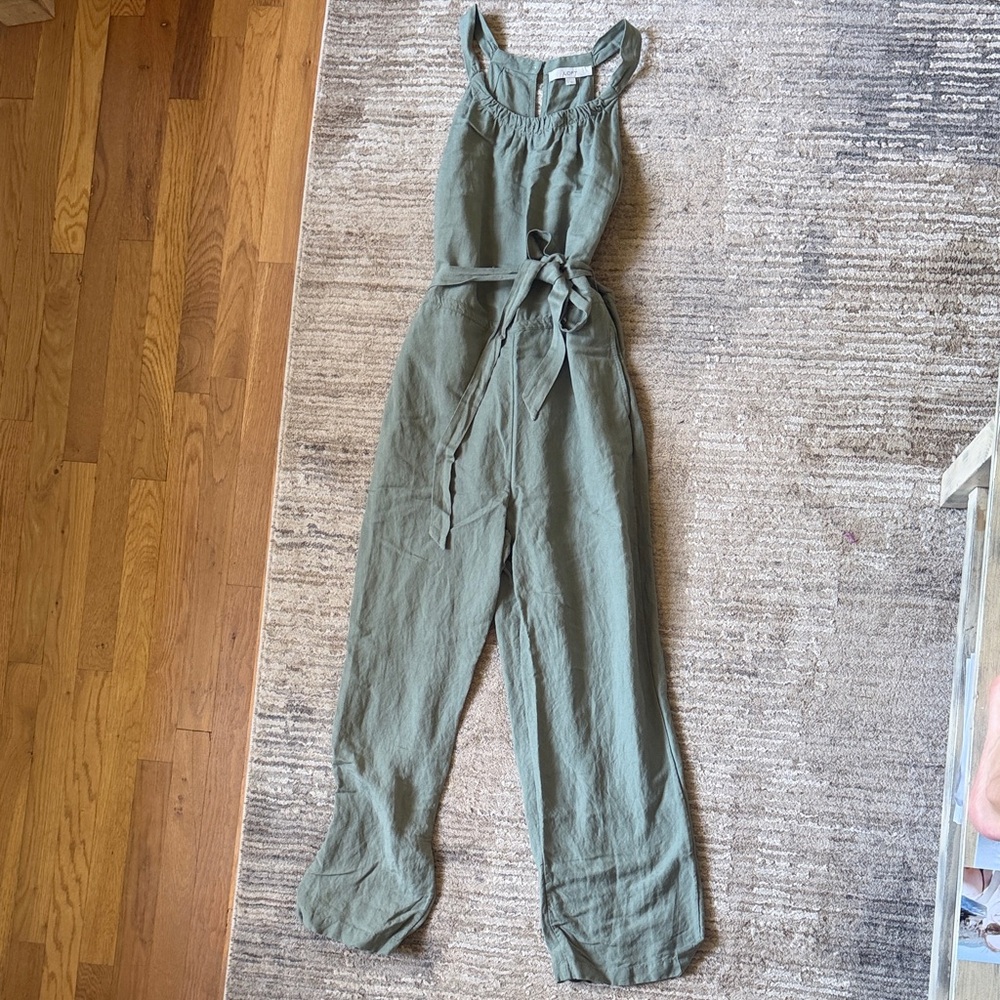 LOFT Olive Green Sleeveless Linen-Blend Jumpsuit with Waist Tie